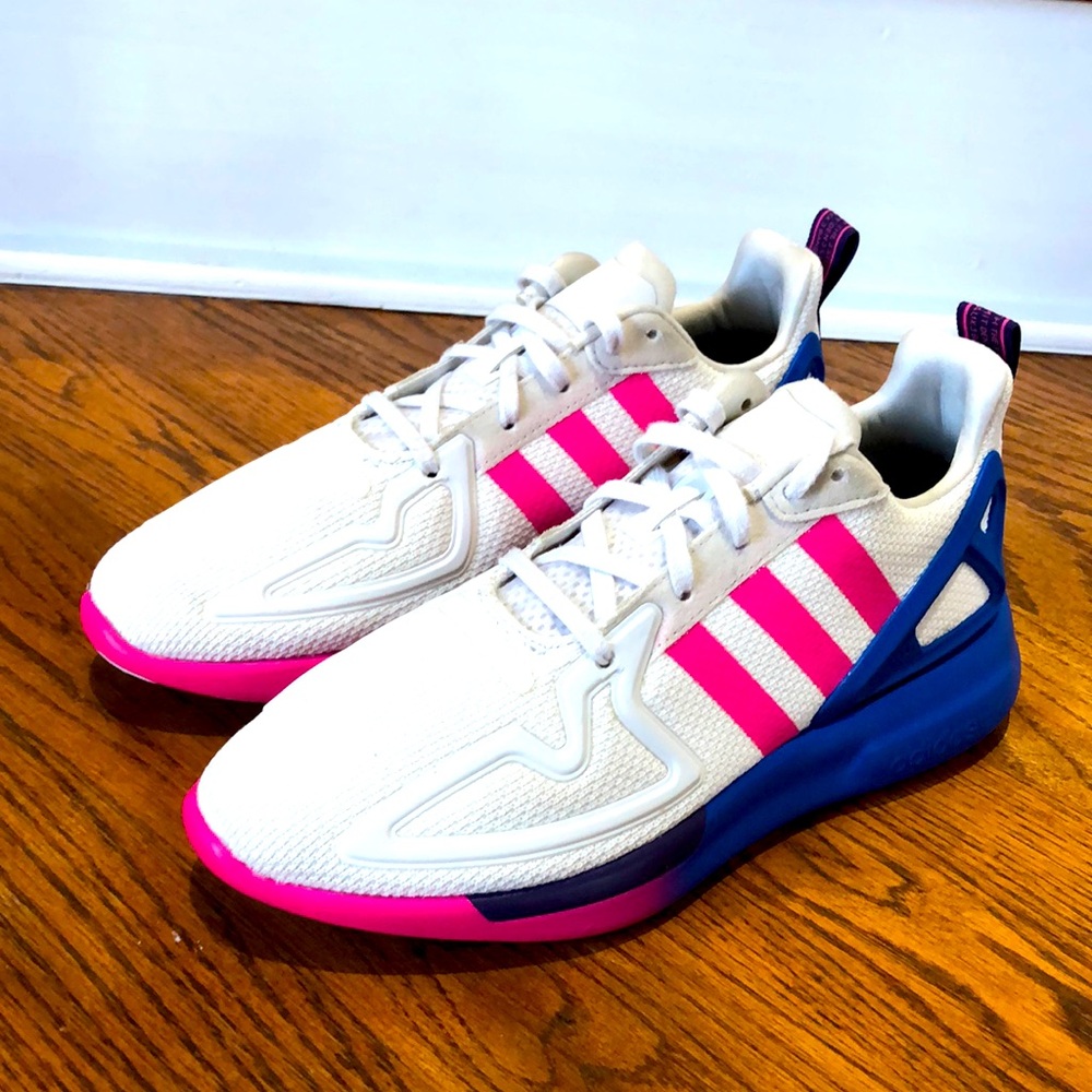 adidas Originals Women ZX 2K Flux Sneakers, White/Shock Pink/Blue Sz 7 Like New